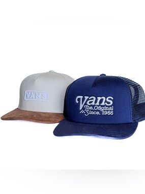 Vans Two-Pack Trucker Hats in Navy and Light Gray with Brown Brim